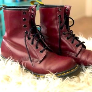 Cherry red Doc Martens 8 hole grunge ankle boots.